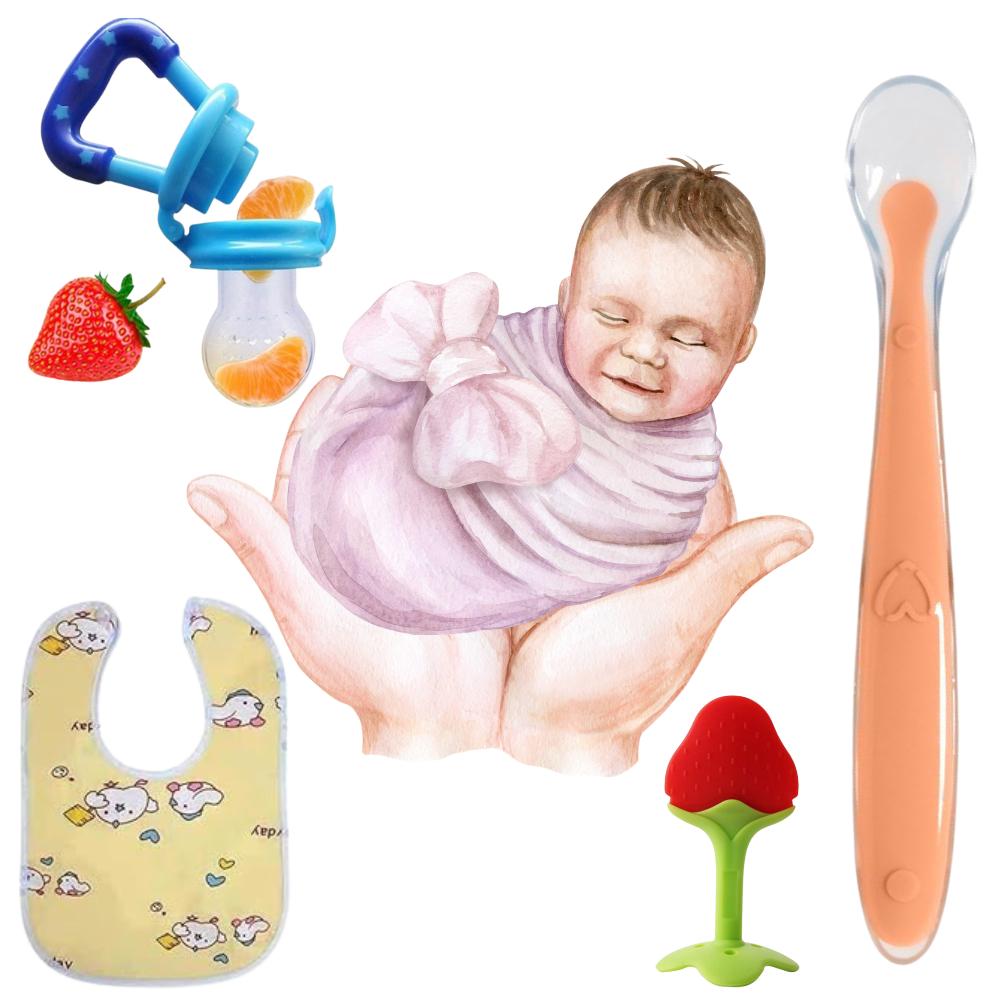 Baby Feeding & Teething Combo – Fruit Feeder, Soft Teether, Silicone Bib & Feeding Spoon (Pack of 4)