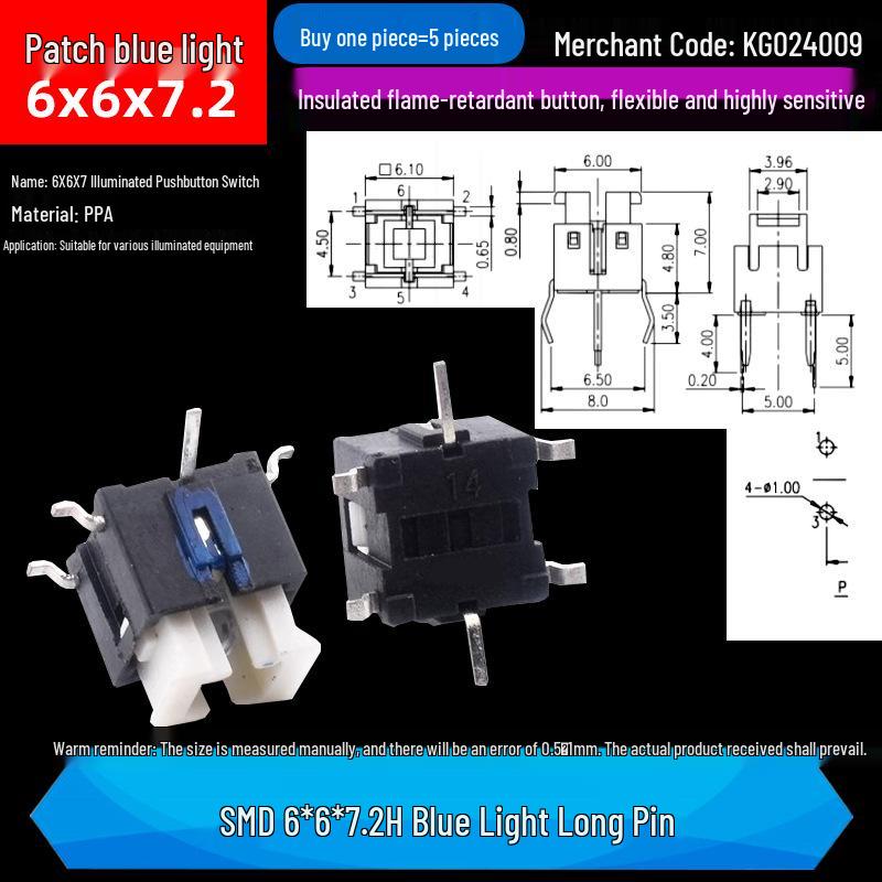 LED Luminous Tactile Switch 6x6x7/7.2mm Through-Hole Reset Button