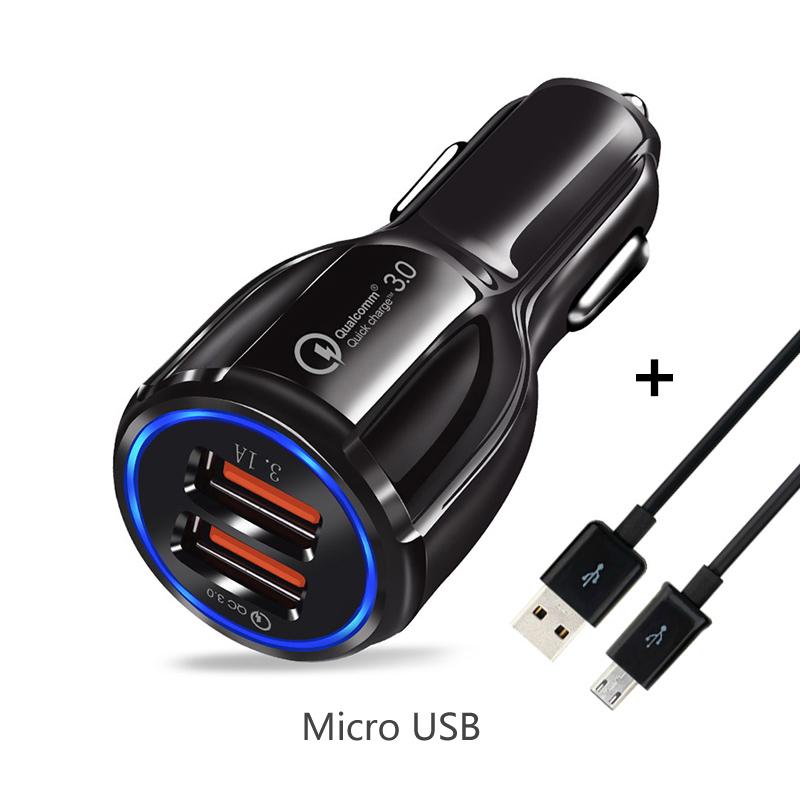 3.1a 2usb nabíječka do auta Rychlé nabíjení 2.0 3.0 Adaptér nabíječky do auta pro mobilní telefony pro Samsung Xiaomi a micro USB kabel typu C 1m