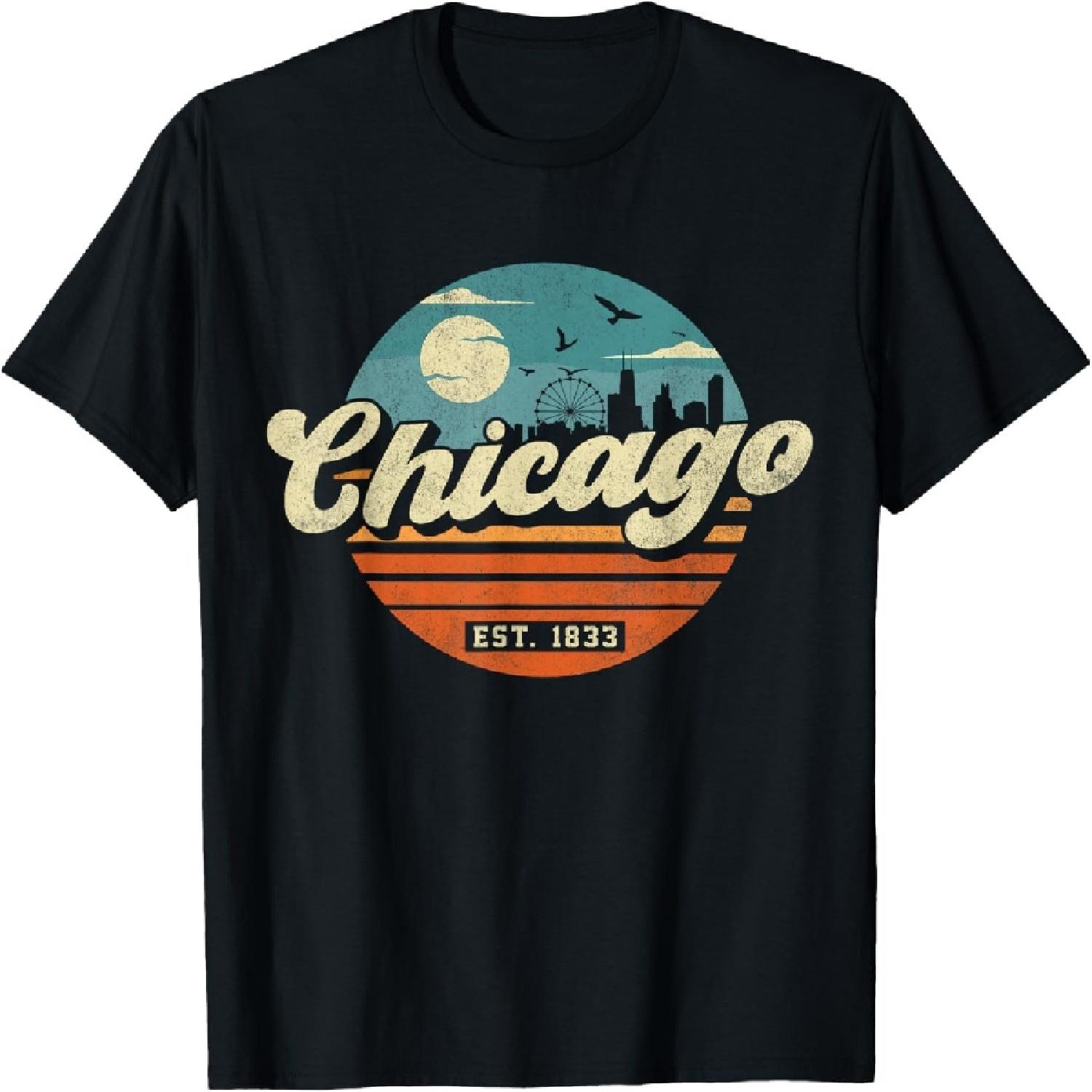 

Mens Chicago Illinois Retro Shirt Skyline Night IL Souvenirs T-Shirt XXXXXL різнокольоровий