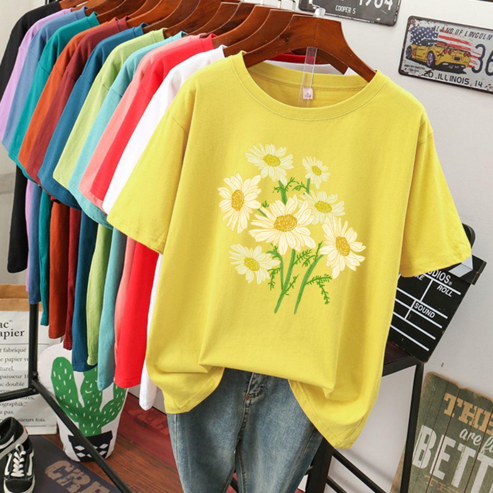 Street Baumwolle Damen T-Shirts Frisch Harajuku Gelbe Chrysanthemenblumen Drucke Oberteile Locker Rundhals Weiche T-Shirts Damenbekleidung
