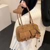 Womens Retro Solid Color Suede Leather Shoulder Bag with Multiple Pockets Large Capacity Comes with A Detachable Accessory Charm