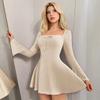 Women's Square Neck Long Sleeve Mini Dress Slim High Waist Elegant Ribbed Knit A-Line Dress Bow Front Casual Flare Sleeve Dress 2025 Fall Outfit