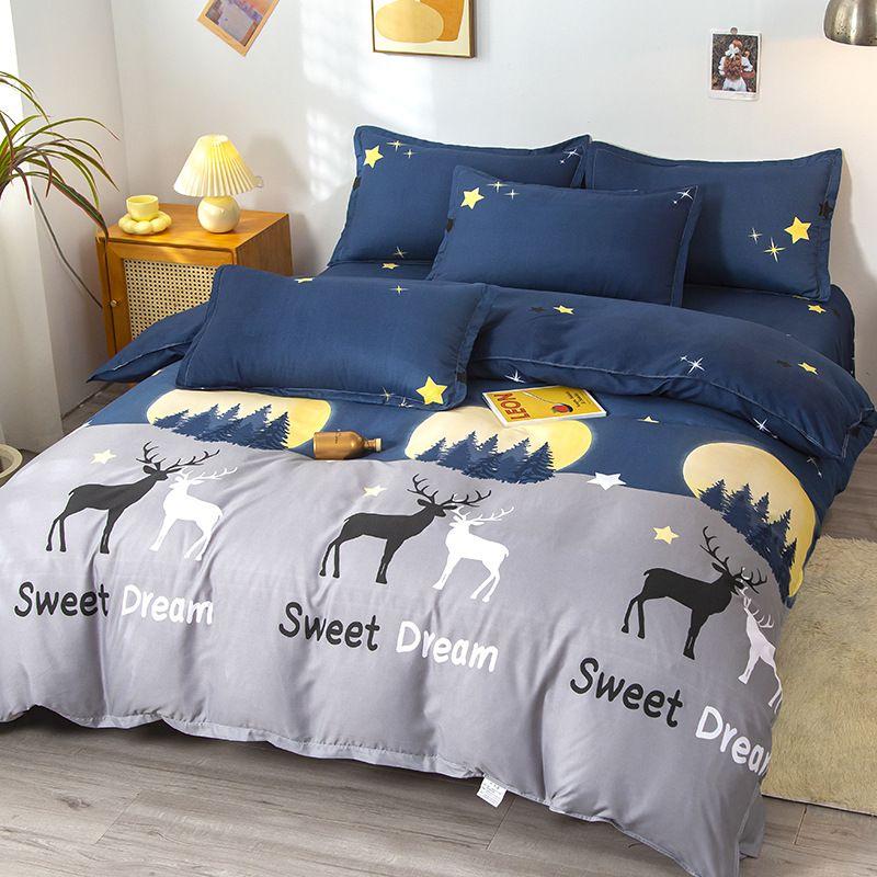 

Fresh Grounded Four Piece Bedding Set Washed Cotton Bed Sheet Quilt Cover Minimalist Student Dormitory Single 3 PCs Set Single quilt cover 150*200cm Starry Elk