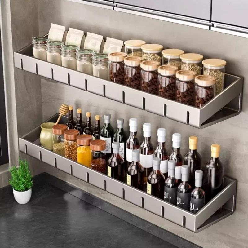 Kitchen Wall Mounted Spice Condiment Rack Organizer With Hanging Hook Wall Storage Shelf For Household Kitchen Space Saving