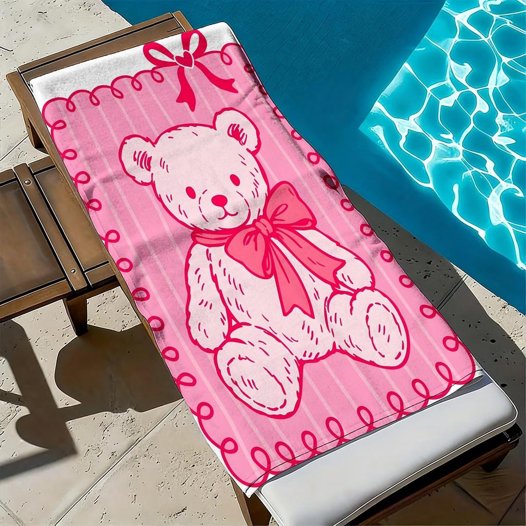 Pink little bear cute cartoon pattern polyester microfiber beach towel is highly absorbent, suitable swimming and beach outings