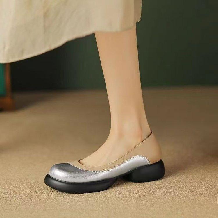 Internet celebrities versatile fragrant soft leather round head women's shoes color matching light mouth single shoes autumn new thick-soled soft leat