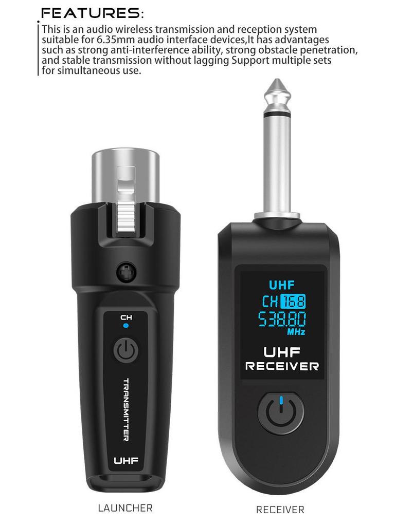 Wireless System Power Amplifier with Transmitter, Receiver, Dynamic Microphone, and Condenser for Musical Instruments.