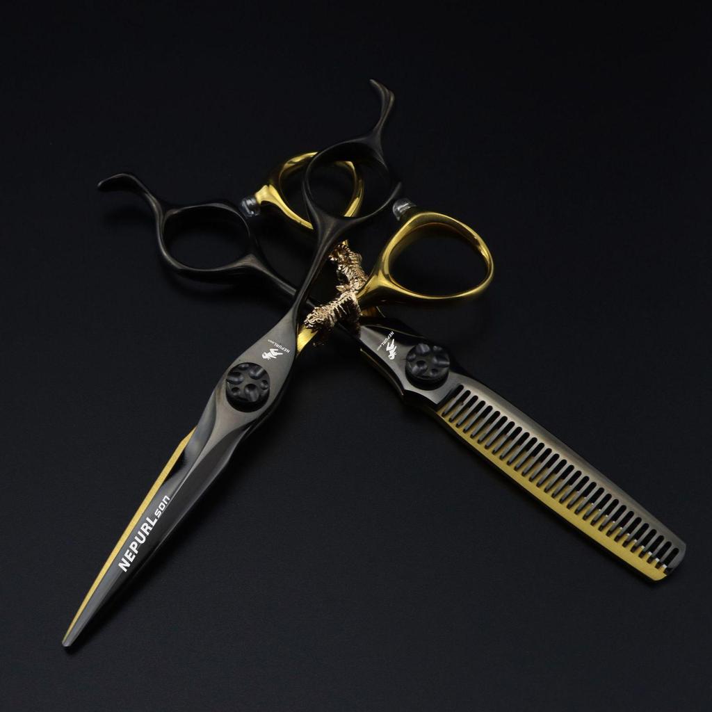Black & Gold 6-inch Napson Steel Hairdressing Shears - Little Gold Tiger Design, Barber & Thinning Shears