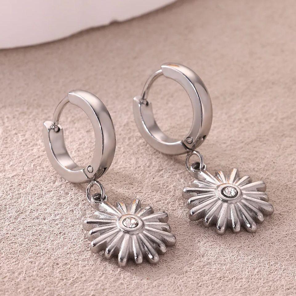 Zircon Sunflower Dangle Earrings For Women Gold Color Stainless Steel Geometric Sunflower Earring Wedding Christmas Jewelry