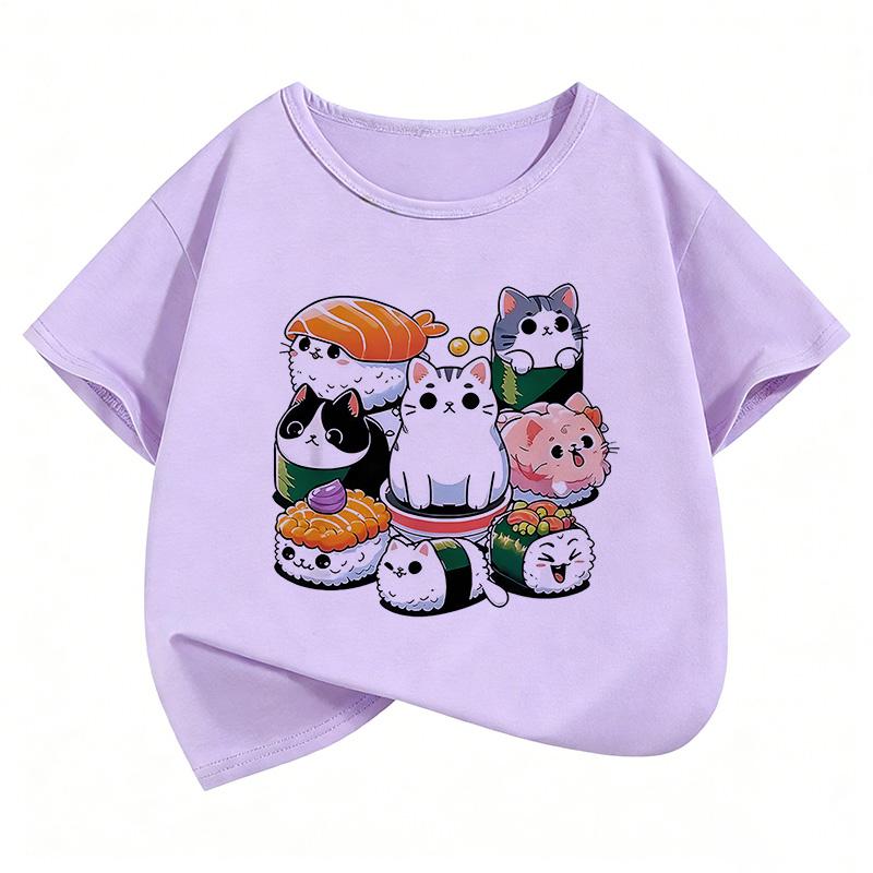 Boys and Girls Summer Cute Funny Sushi Cat Food Design Print Short-sleeve Children's T-shirt