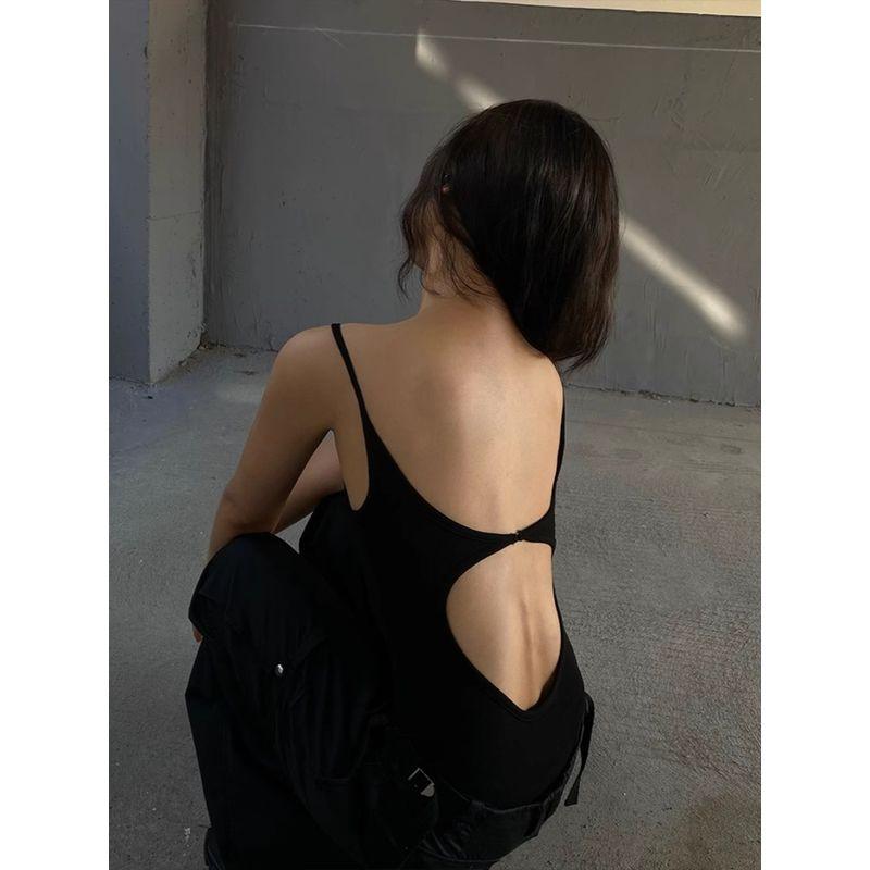 

Сексуальный черный комбинезон с открытой спиной женский летний сексуальный облегающий топ модный треугольный крой, подчеркивающий фигуру, майка Black S