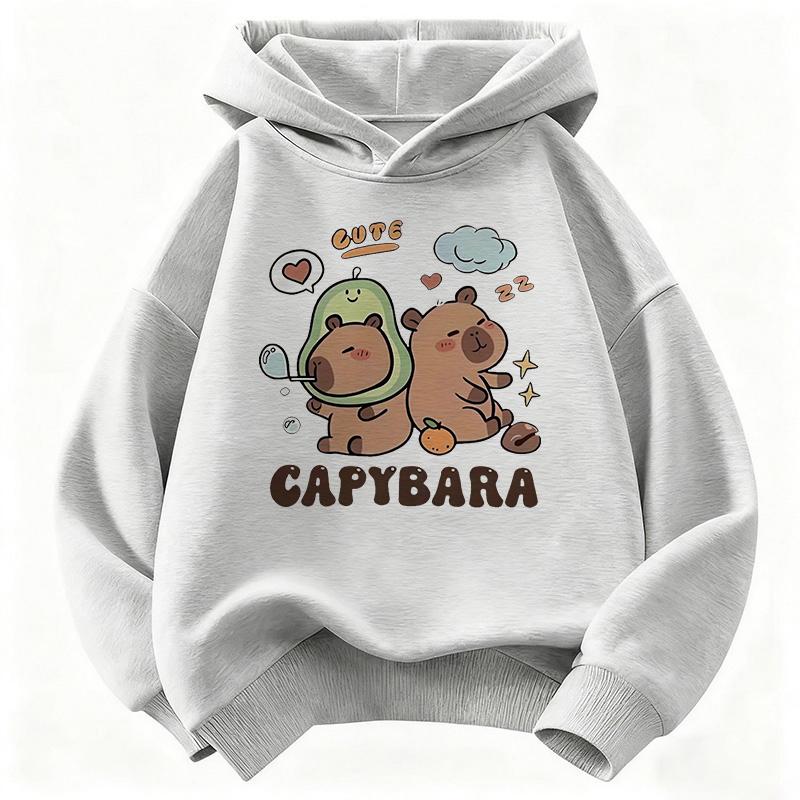 Fashion Children Hoodie, Sweet Cartoon Capybara Friends With Lettering Decor Pattern Pullover Sweatshirt, Fall Winter Casual Sport Long Sleeve Top