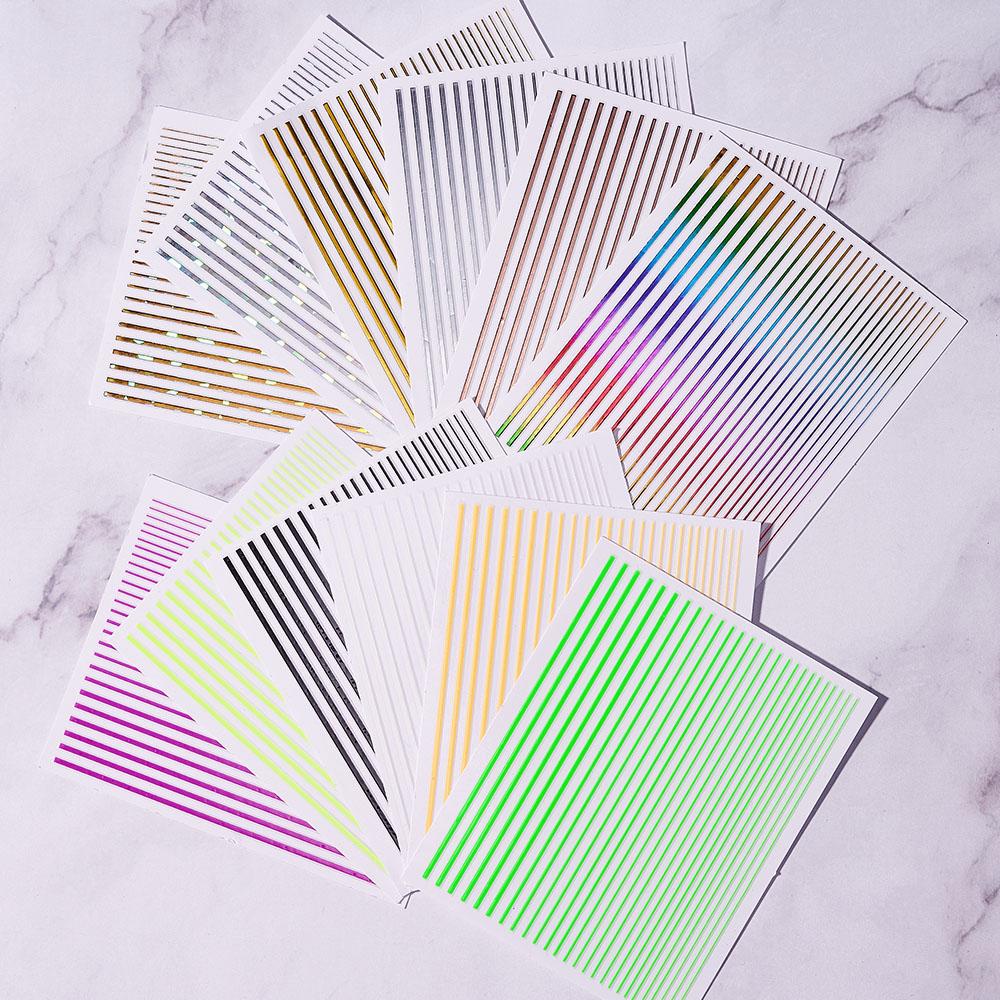 12Pcs/1pcs Nail Lines Strip Stickers Gold/Silver Metal CurveStrip Tape Decals Self-Adhesive Slider DIY Manicure Nail Art Sticker