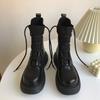 Black Knitted Lace-up Riding Boots Female 2025 Designer's New Spring and Autumn Boots Thick-soled British Wind Locomotive Boots