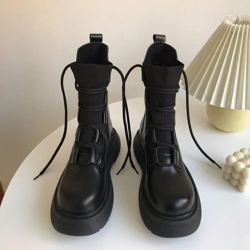 Black Knitted Lace-up Riding Boots Female 2025 Designer's New Spring and Autumn Boots Thick-soled British Wind Locomotive Boots