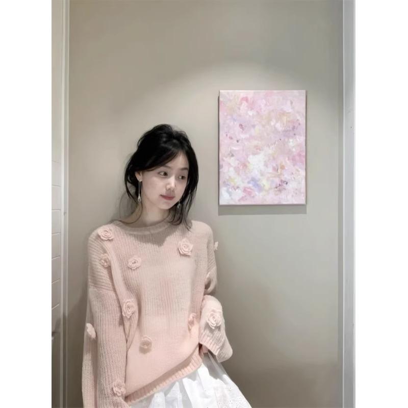 

Женский свитер с 3D цветком, розовый, новый, милый, с круглым вырезом, вязаный пуловер, однотонный, французский, свободный, модный женский топ Onesize