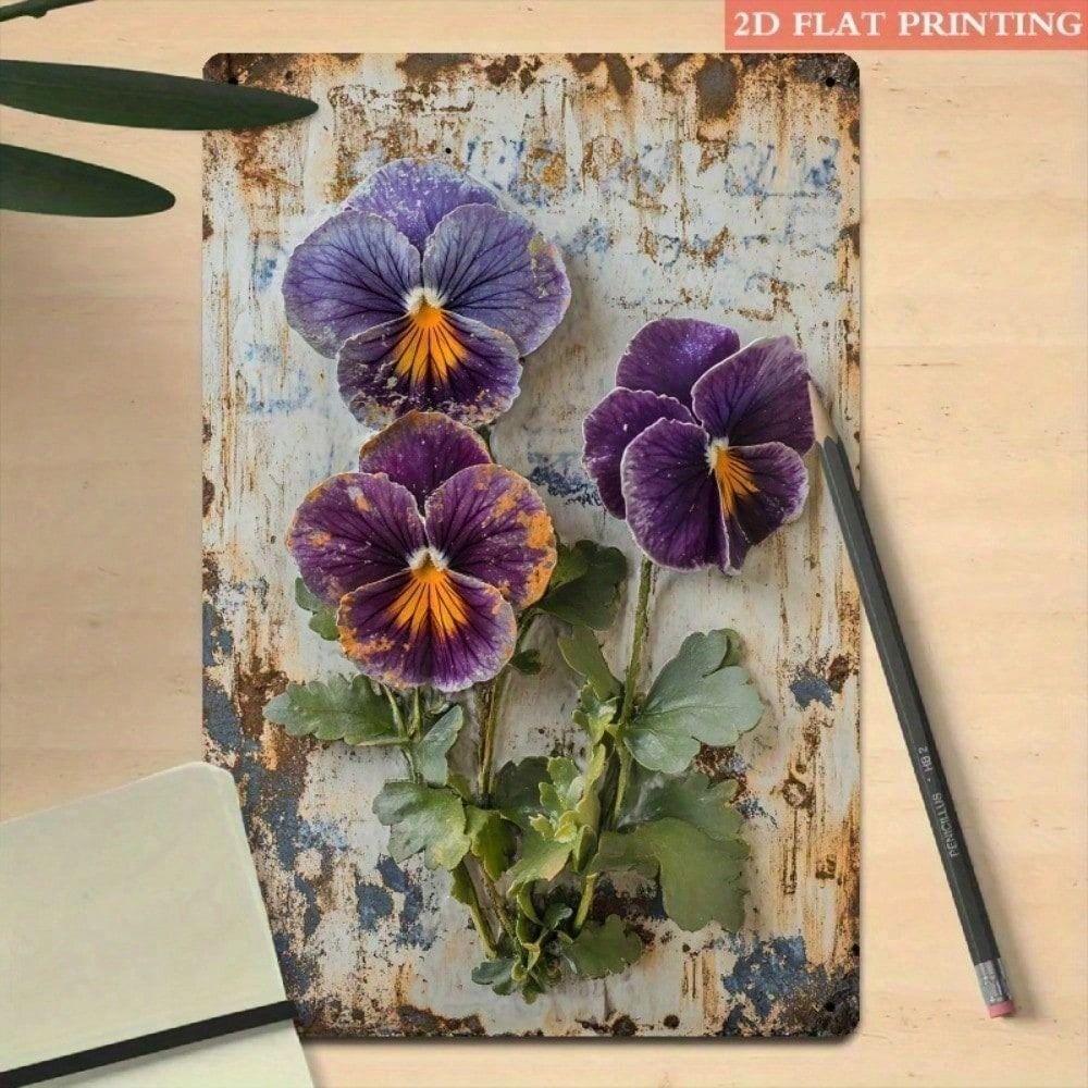 Vintage Metal Flower Wall Art, 8x12 Inch Purple Orange Floral Poster for Home Decor