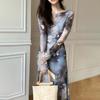 Herbst neue kalte kaiserliche Schwester Netz langärmeliges Drucken Taille schlank ausgestellter Ärmel Tintenstil Kleid