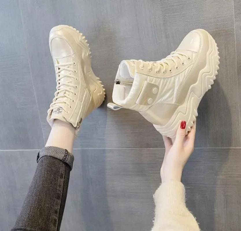 Mode 7CM Echtes Leder Winter Plateau Keilabsatz Versteckter Absatz Damen Stiefeletten Lässige Klobige Sneakers Hohe Absätze Frühling Herbst Schuhe