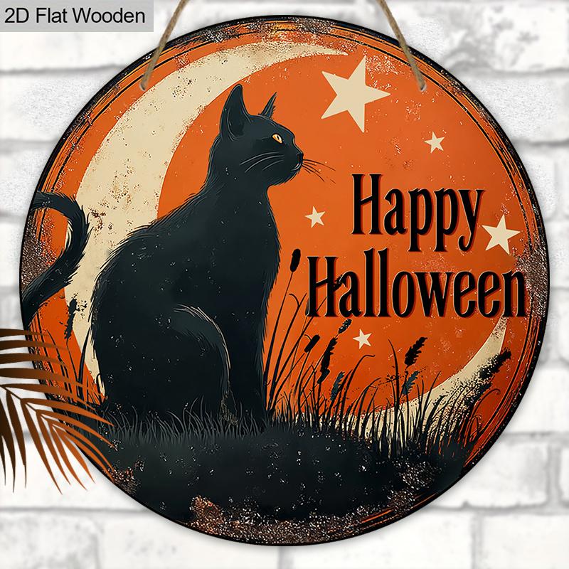 Wesołego Halloween Drewniany Znak ze Wzorem Czarnego Kota - Figurki Ozdobne ze Wzorem Półksiężyca i Gwiazdy - Idealne na Drzwi Wejściowe, Podwórko, Ganek, Dekoracja Pokoju