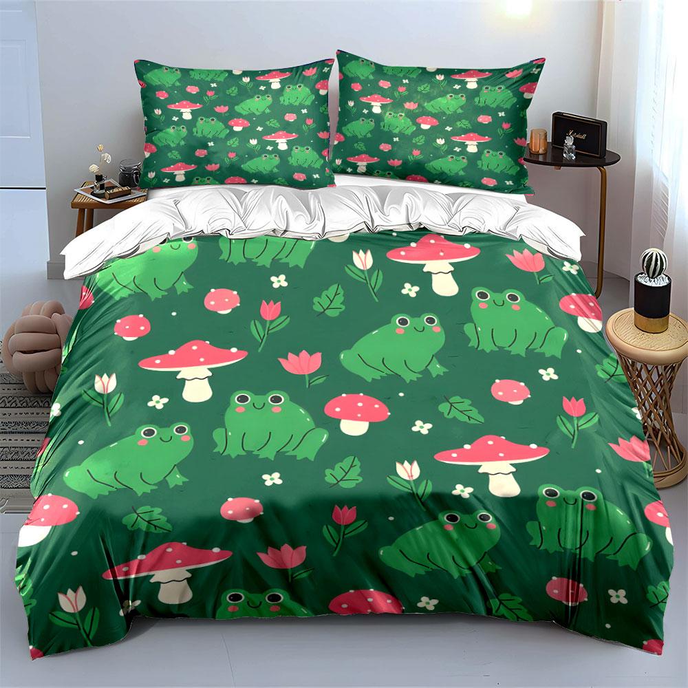 Frog and Mushroom Pattern Set Bedding Duvet Cover Set (1*Duvet Cover 2*Pillowcases, without duvet insert)
