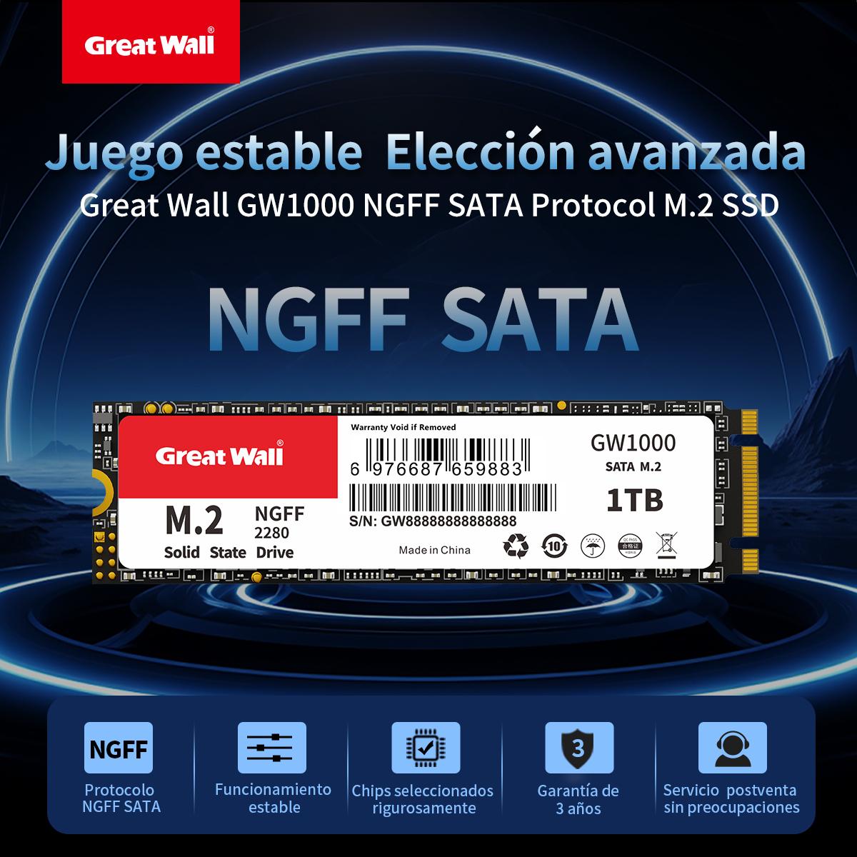 

Вбудований жорсткий диск GreatWall GW1000 SATA M.2 2280 TLC Particle 128 ГБ/256 ГБ/512 ГБ/1 ТБ/2 ТБ SSD 1TB чорний