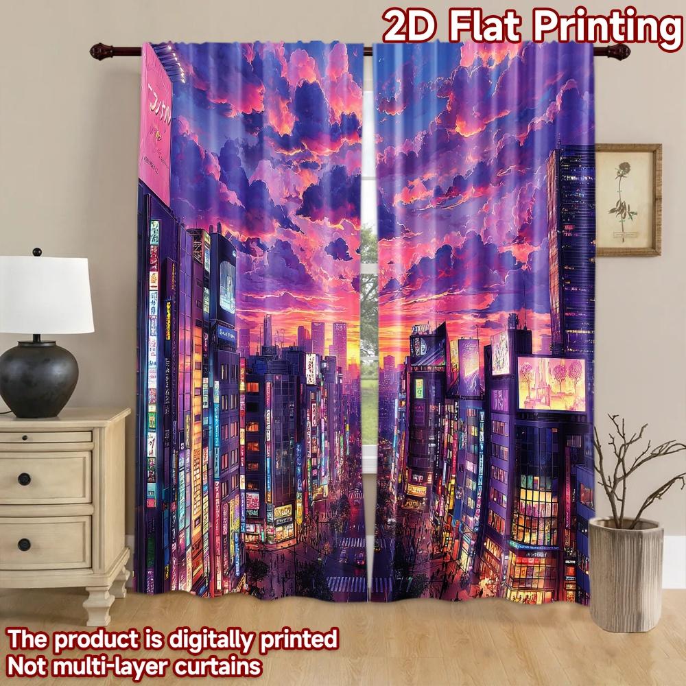 2D flat printing 2pcs Window Curtains Anime Cityscape Neon Night Digital Printed Polyester Drapes Birthday Party for Photo