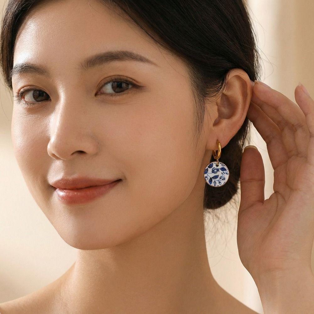 Chinese Style Blue and White Porcelain Earrings Dripping Oil Gold Enamel Hoop Earrings  Girls