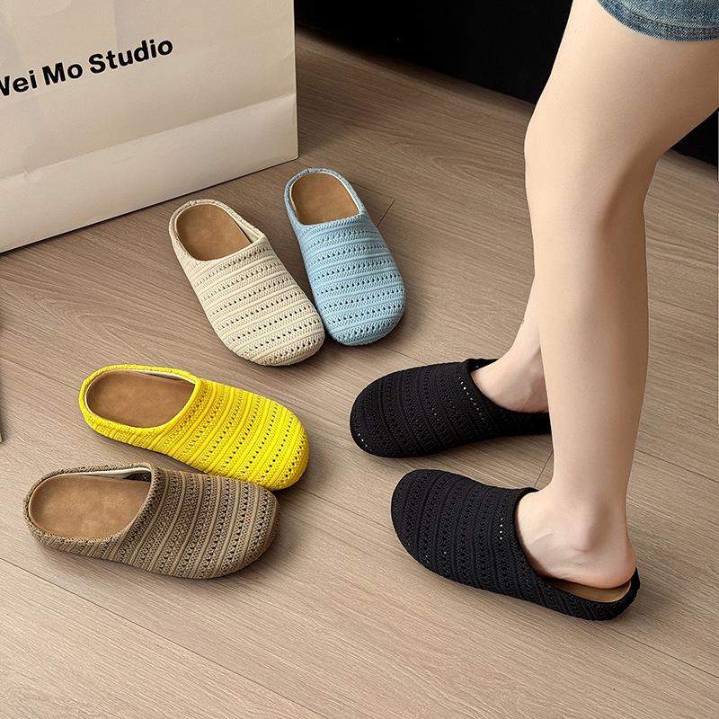 Retro Niche Woven Bag Head Half Slippers Women's Outer Wear Summer Lazy One Pedal Comfortable Soft Bottom Round Head Cool Slippers