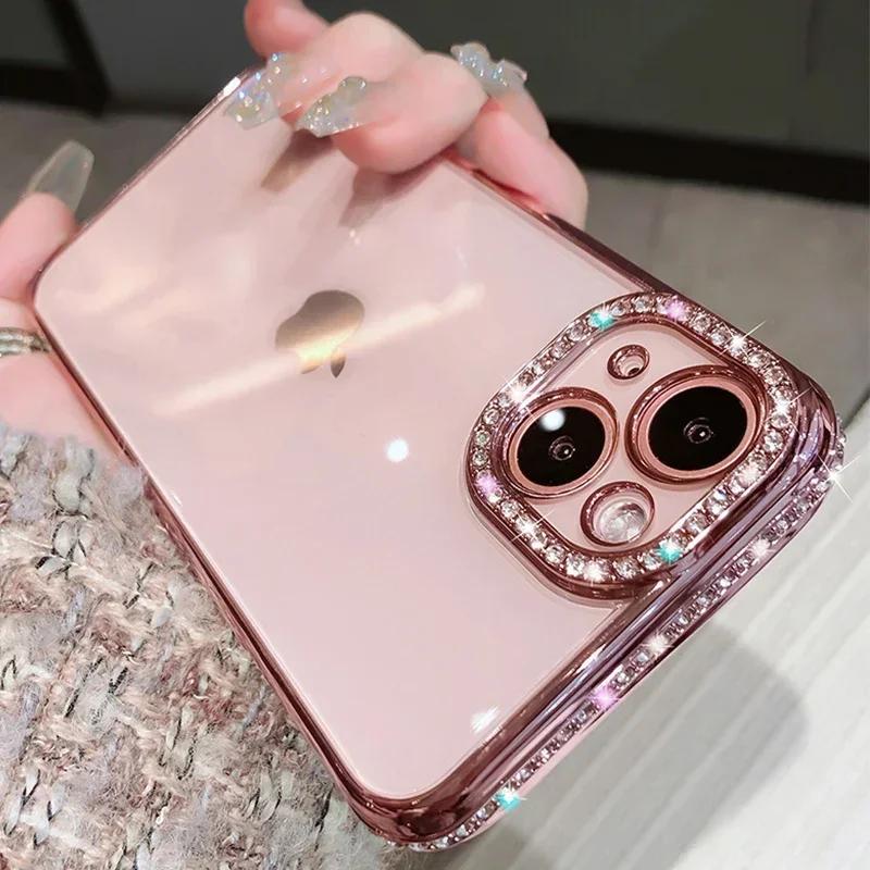 Luxury Plating Glitter Diamond Transparent Case for iPhone 17 16 13 11 12 14 15 Pro Max Plus Female Silicone Shockproof Cover