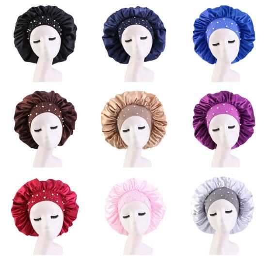 Women Bonnet Cap Solid Color Faux Pearls Rhinestone Elastic Band Bouffant Hat for Hair Salon