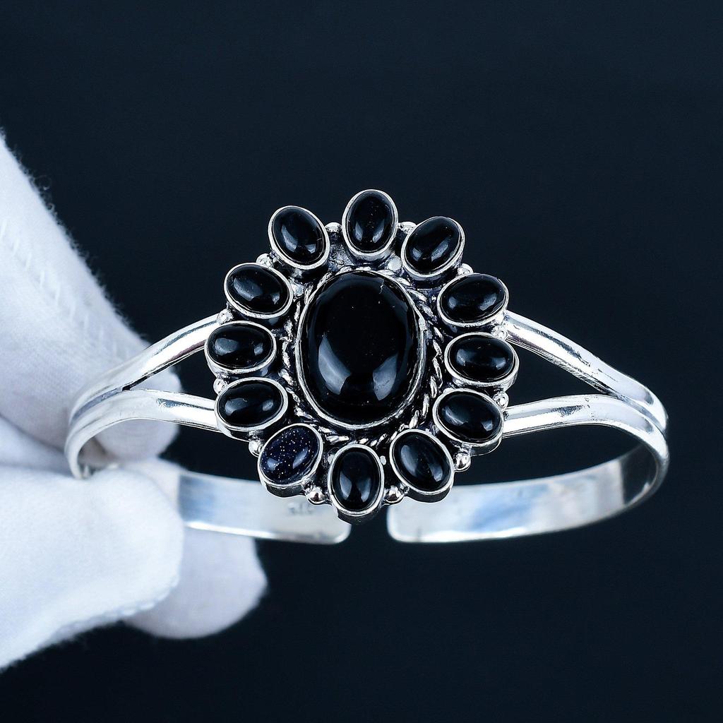 Natural Black Onyx Gemstone Handmade Cuff Bangle 925 Sterling Silver Cuff Bangle, Blue Sunstone Flower Shape Bracelet For Wife, Unisex Bangle