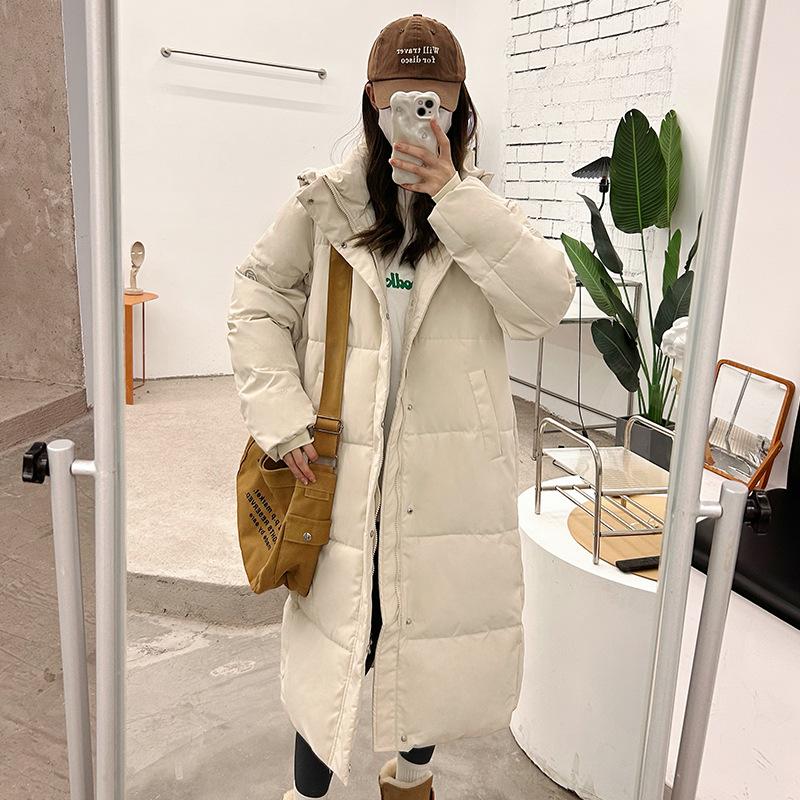 

Женская длинная зимняя куртка из черного гагачьего пуха с хлопковой подкладкой, новая корейская версия свободного пуховика длиной до колена. XL