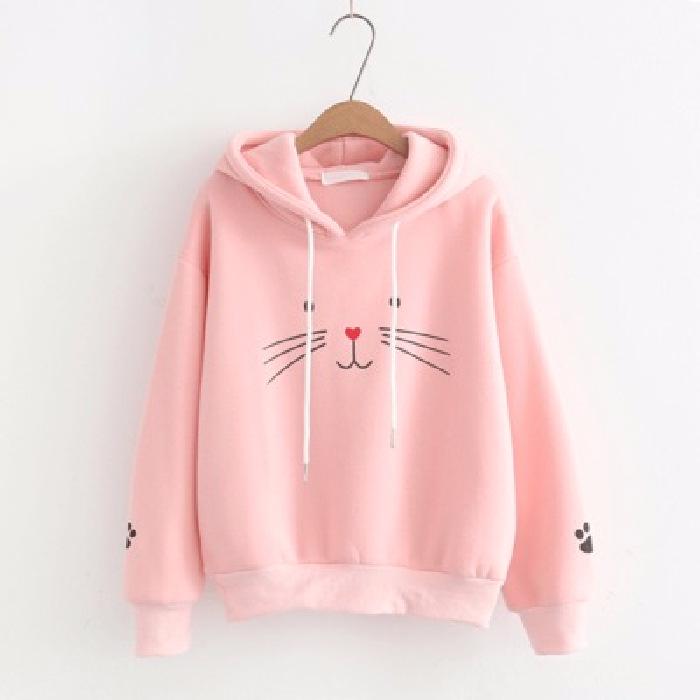 Women Warm Soft Hoodies Embroidered Cat Face Hooded Sweater Women's Fall and Winter Students Literary Cat Long-sleeved Padded Cute Sweater