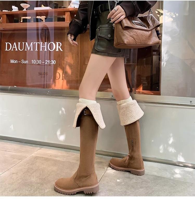 Eversion mocka lammull plattbottnade riddarstövlar 2025 höst och vinter nya förtjockade mångsidiga sammet snö knästövlar dam