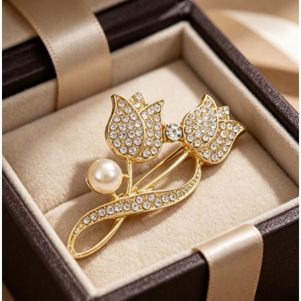 Elegant Tulip Brooch with Imitation Pearl & Rhinestones - Ideal Suit Lapel Pin Accessory
