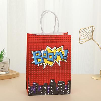 StoBag, Superhero Reusable Kraft Paper Gift Bags, Boom Pattern, for Birthday, Party Supplies, Children's Candy Package, 12/30pcs
