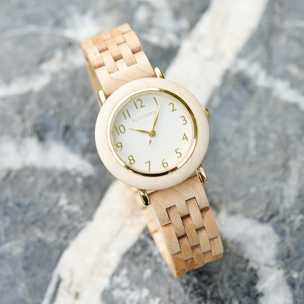 BOBO BIRD Wooden 28mm Natural Wood Analog Quartz Ladies' Watch, Diameter, Band, Display, Movement, Brown/Gold (Maple-1)