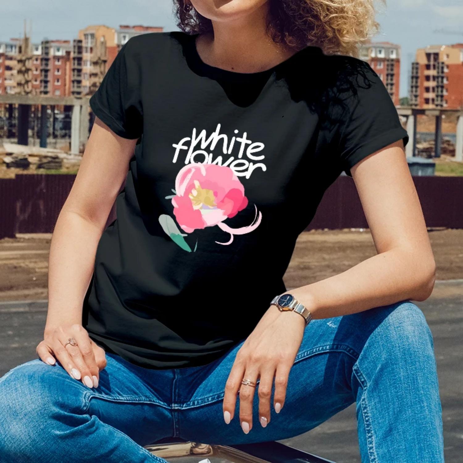 

Summer Womens Short Sleeve CottonTShirt White Flower Print for Outdoor Summer Events Young Women with a Stylish Elegant Style S чёрный