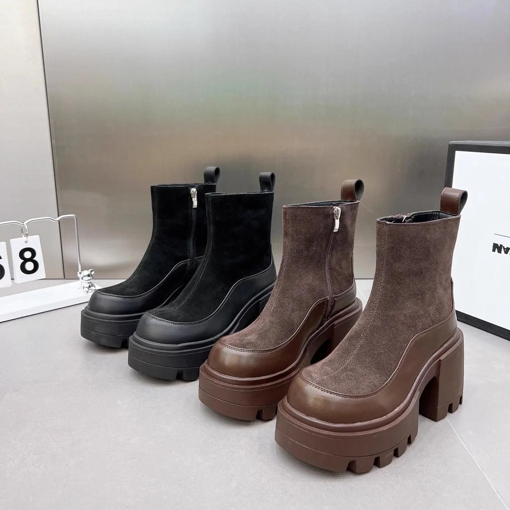 Spring and Autumn New Style Color blocked Thick Bottom Thick Heel Increased Height Round Head  Short Boots High Heels