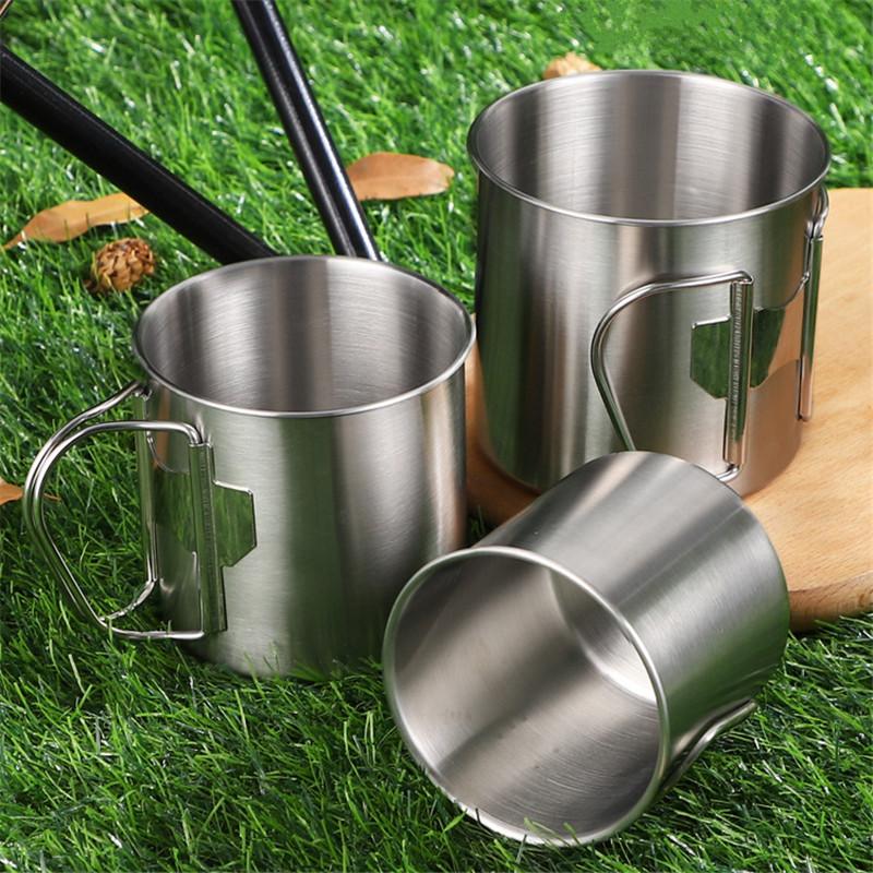 Stainless Steel Outdoor Camping Cup Portable Foldable Handle Beer Cups Coffee Water Mugs Picnic Travel Drinkware Tumbler