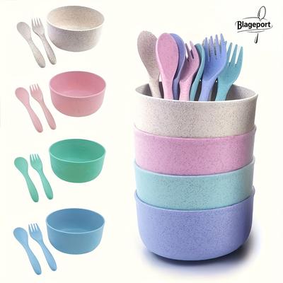 Set of 12 Wheat Straw Tableware In 4 Colors,Including Bowls, Spoons,And Forks for Rice,Noodles,Soup,Cereals,Salad,And Yogurt,Suitable for Dinner,Lunch