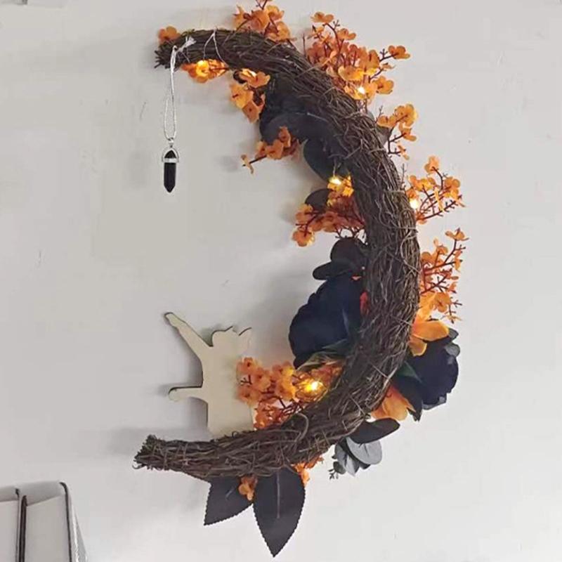 Halloween Moon Cat Wreath Simulation Hanging Pendant Autumn Rustic Crafts Spooky Halloween Decorations for Home Party