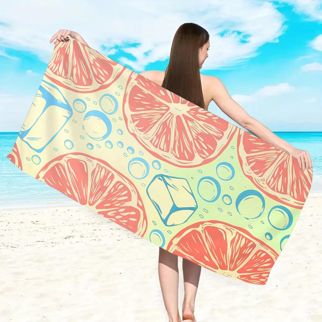 Tropical Lemon Graphic Beach Towel, Soft Microfiber Durable Sand Free, Home Decor Gift, Striped Lemon Print Oversized Bath Towel