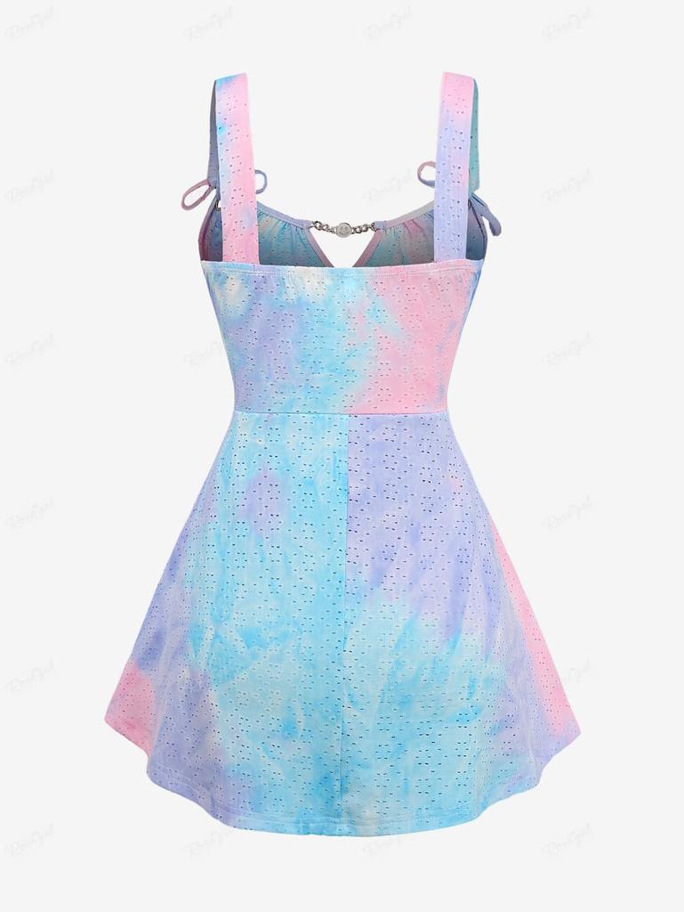 Rosegal Plus Size Ombre Colorblock Tie Dye Print Smile Chain Panel Grommets Tie Twist Hollow Out Tank Top