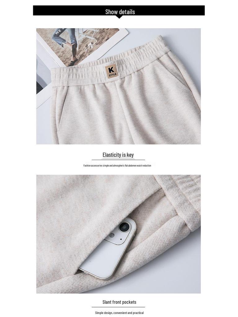 Damskie spodnie z wysokim stanem, z mieszanki wełny, z prostymi nogawkami, pogrubione, petite, długość 9/10 na jesień/zimę 2024