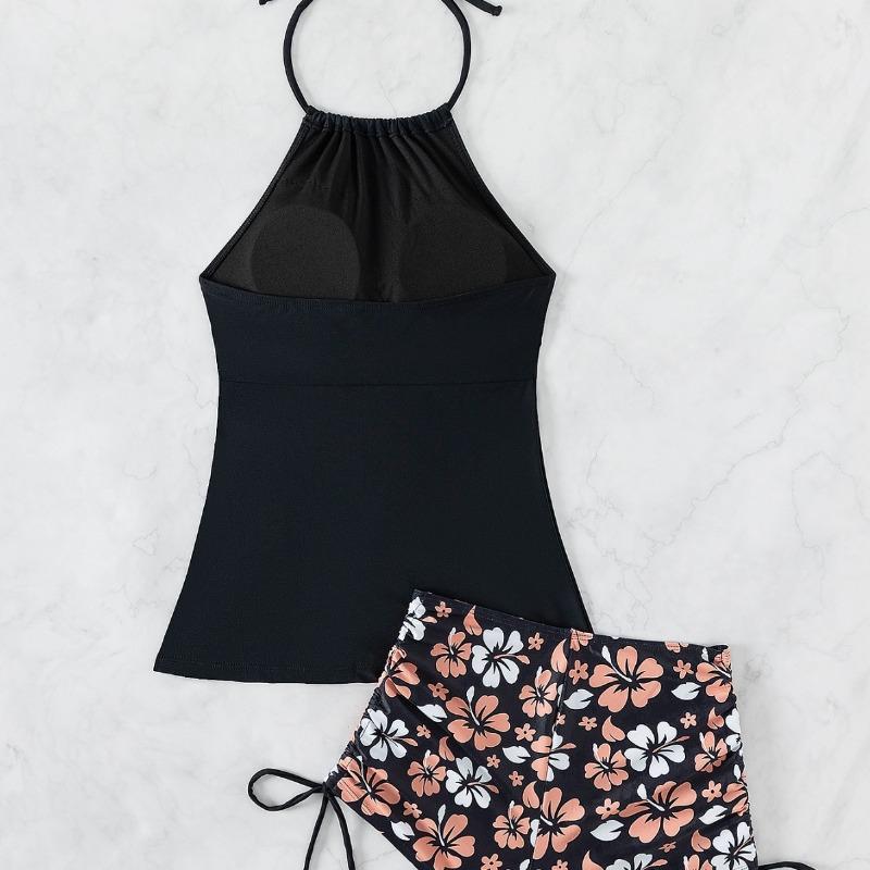 New European and American Split Swimsuit Women's Print Neck Tether Fashionable Tankini Swimsuit