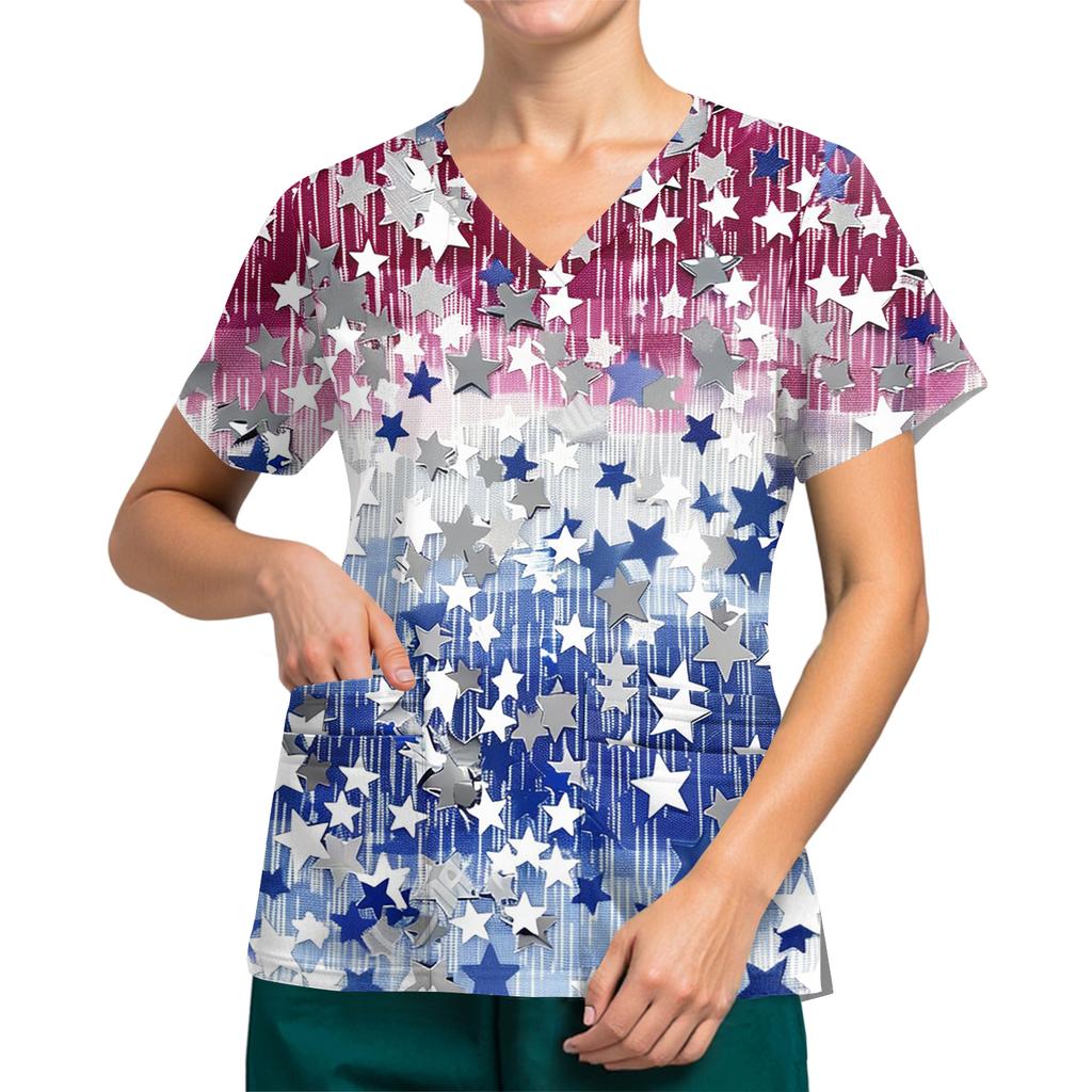 Women V Neck Short Sleeve Work Top with Pocket and Split Hem Star Print Comfortable Uniform Shirt