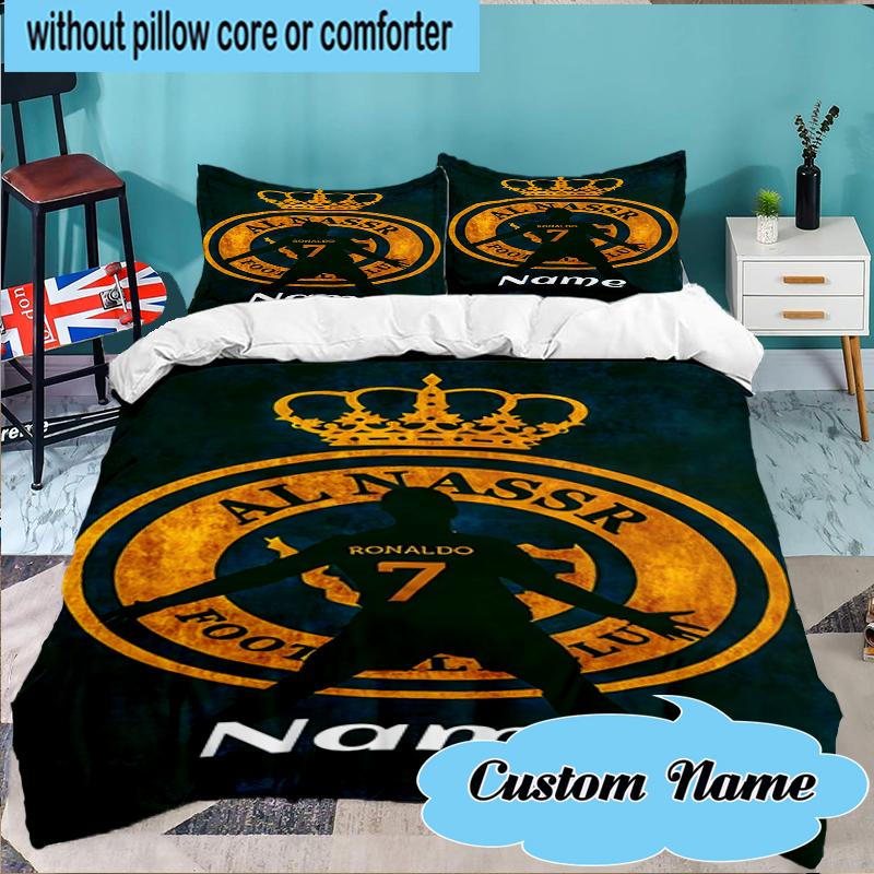 Custom Name Al Nassr Football Club Crest Bedding Set 3pcs, Bedding Set Including 1pc Duvet Cover And 2pcs Pillowcases for Bedroom, Dormitory Gift